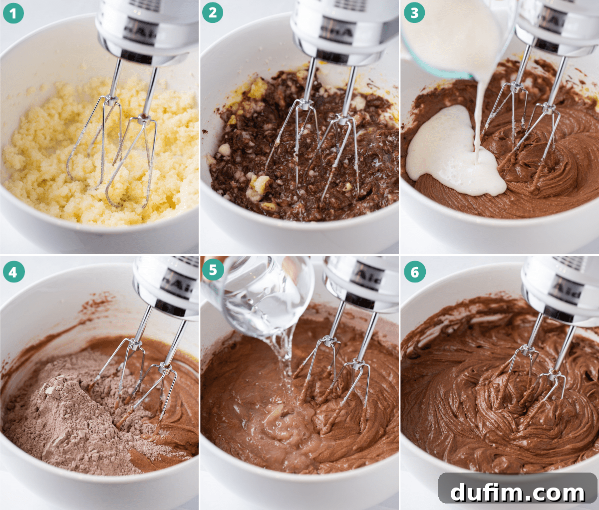 A step-by-step photographic guide demonstrating the process of mixing chocolate cake batter, showing dry ingredients, wet ingredients, and combined batter.