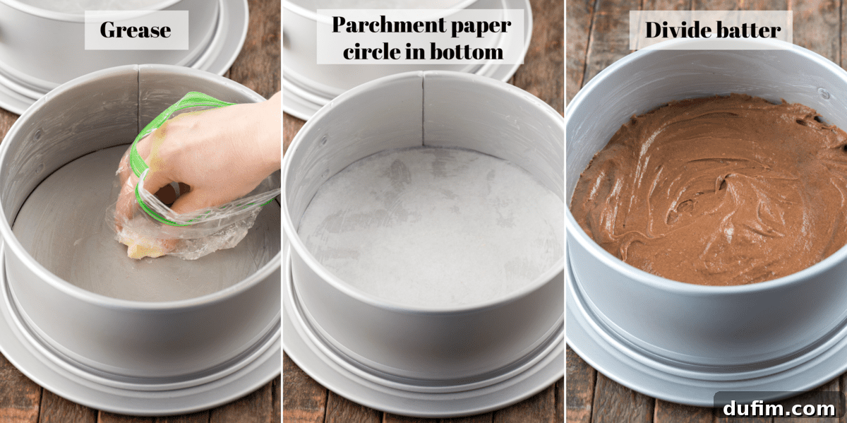 A three-panel image showing the preparation of round cake pans, including greasing, lining with parchment paper, and filling with chocolate cake batter.
