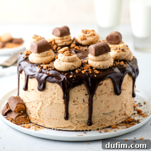 A decadent Butterfinger Cake with layers of chocolate cake and peanut butter frosting.