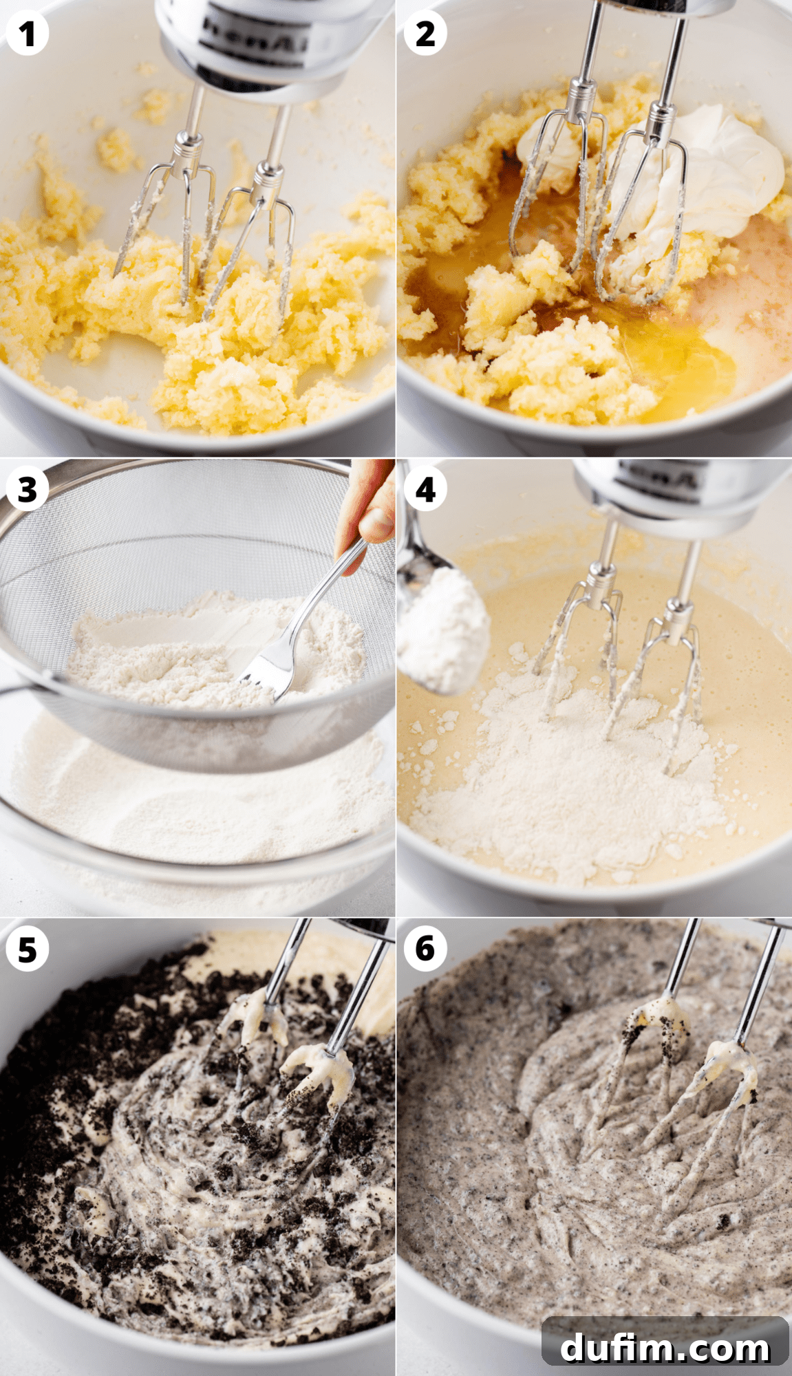 A collage of six sequential photos illustrating the process of mixing and preparing the Oreo cake batter, from combining wet ingredients to folding in cookie crumbs.