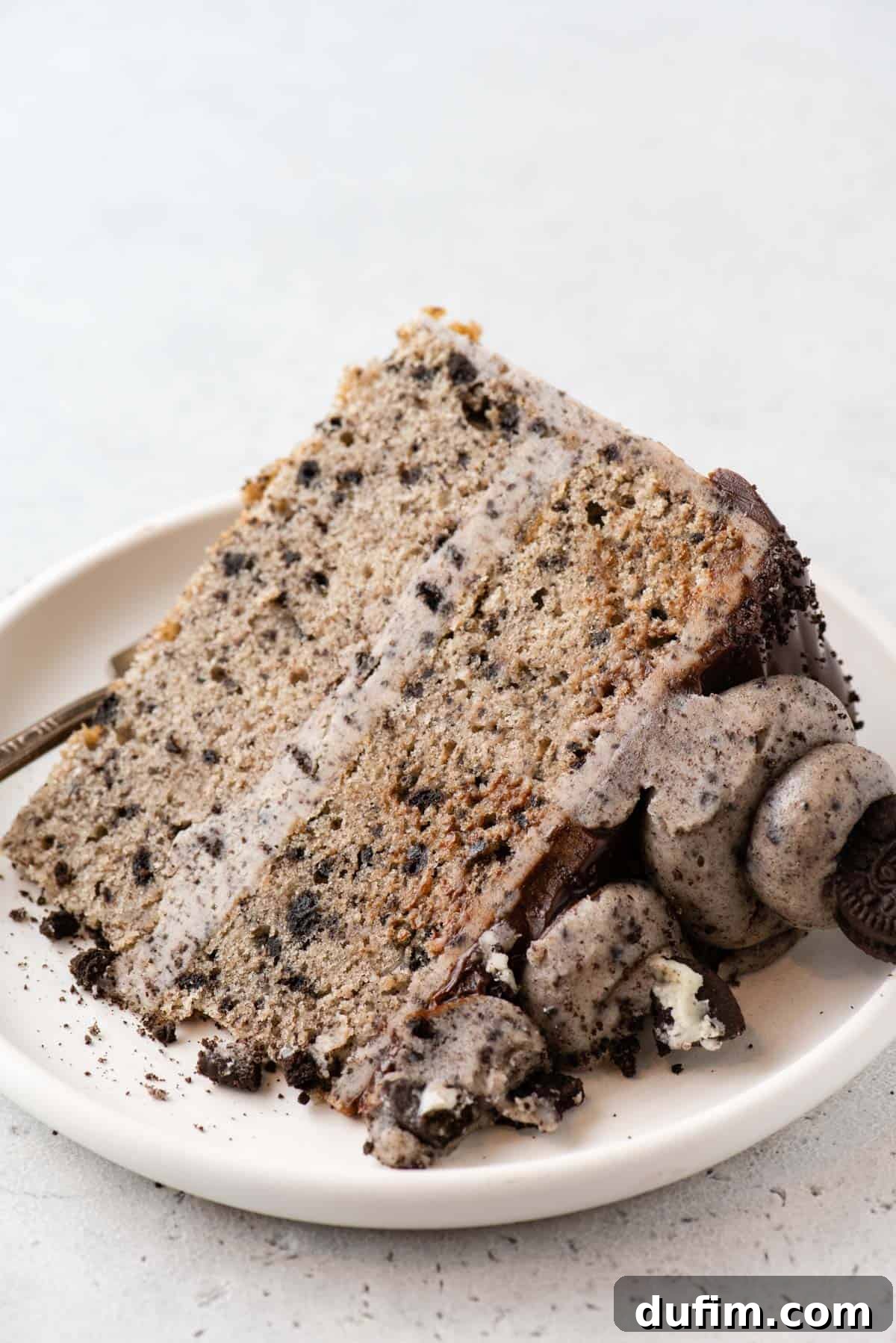 A whole, decadent slice of Oreo cake, perfectly plated and ready to be enjoyed, highlighting its rich layers and creamy frosting.