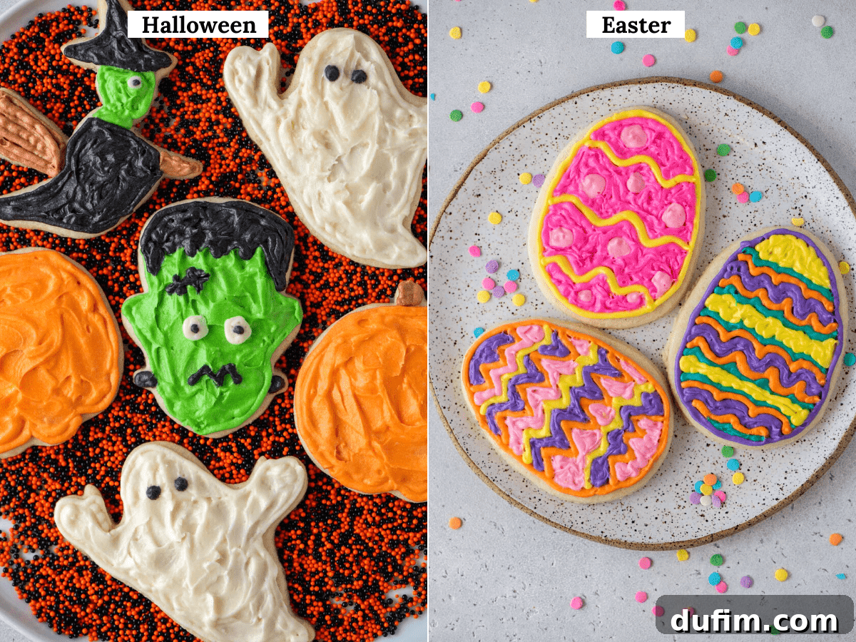 Side-by-side photos featuring decorated gluten-free sugar cookies for Halloween (pumpkins, ghosts) and Easter (bunnies, eggs), demonstrating their versatility for various occasions and holiday themes.