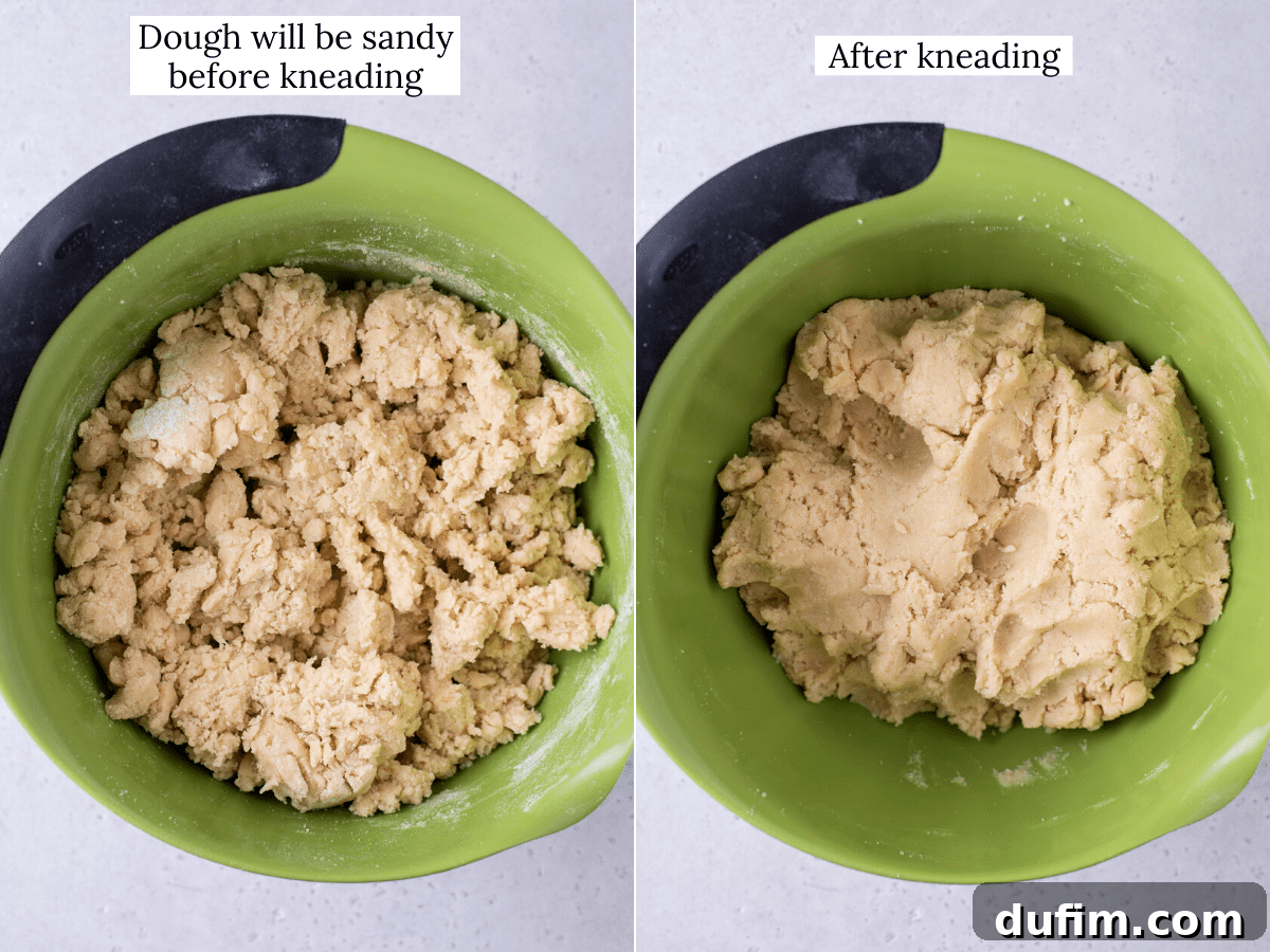 Side-by-side photos demonstrating the transformation of gluten-free cookie dough: first, a crumbly texture as dry ingredients are added, and then, after gentle kneading, a cohesive, smooth dough ball ready for chilling.