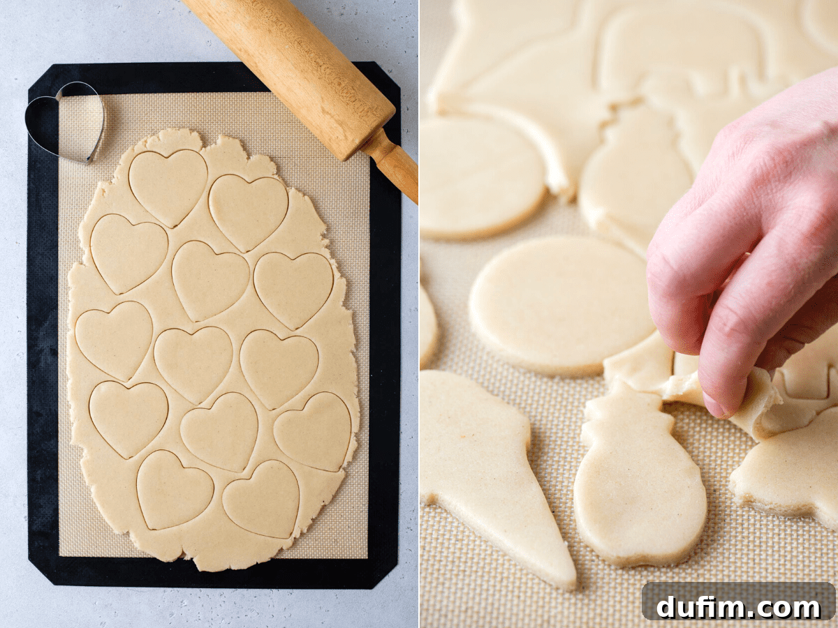 Side-by-side photos illustrating the process of cutting sugar cookie dough into various shapes using cookie cutters, prepared on a baking sheet lined with silicone mat.