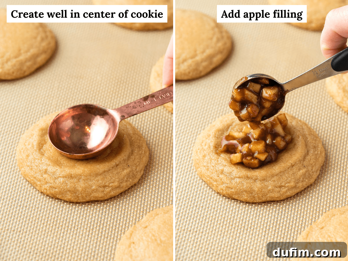 Two side-by-side images demonstrating the process of adding apple filling to cookies. The left image shows a thumb pressing into a freshly baked cookie to create a well, and the right image shows a spoonful of apple pie filling being placed into that well.