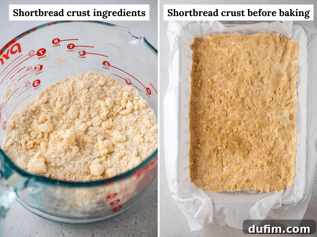 Side by side photos showing ingredients for shortbread crust being mixed in a bowl and the prepared shortbread crust pressed into a baking pan.