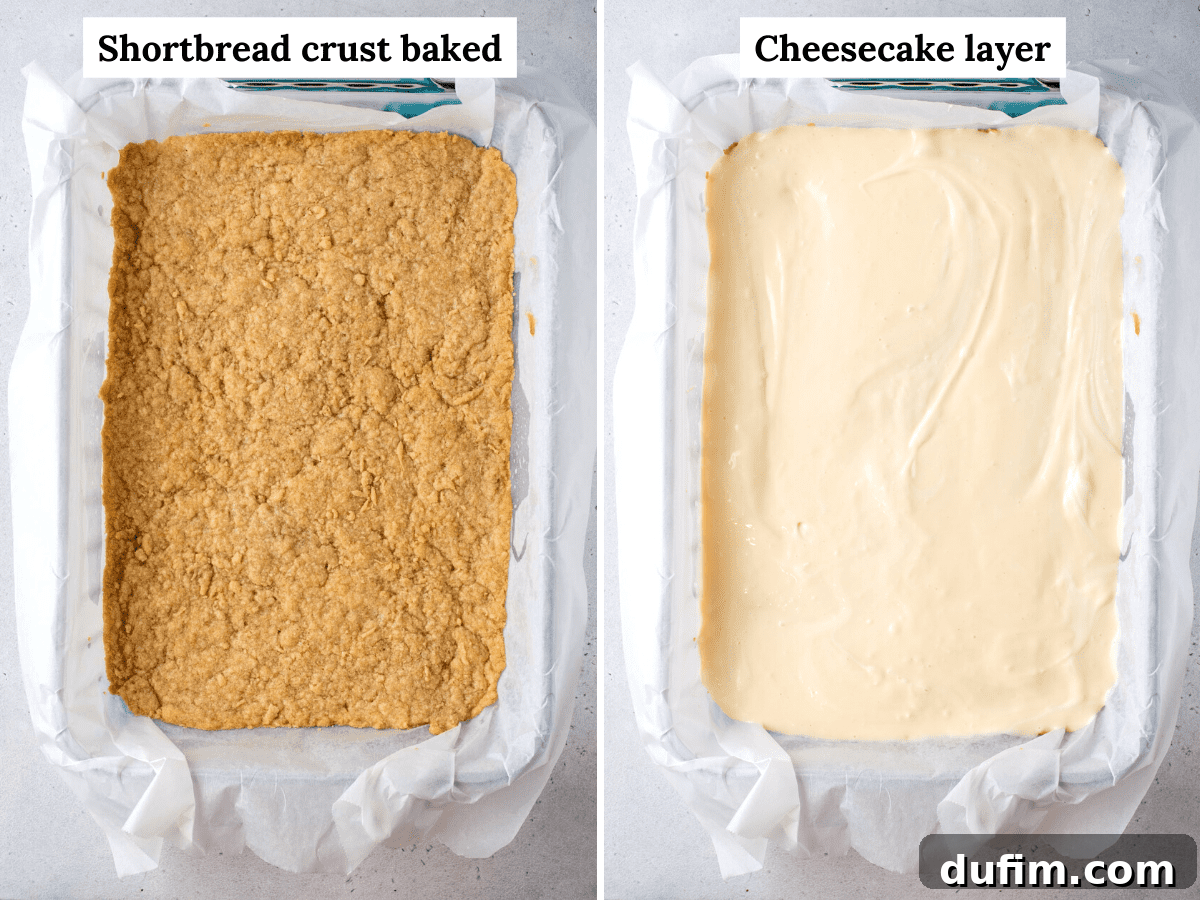 Side by side photos displaying the shortbread crust in the pan on one side, and the creamy cheesecake layer spread over the crust on the other.