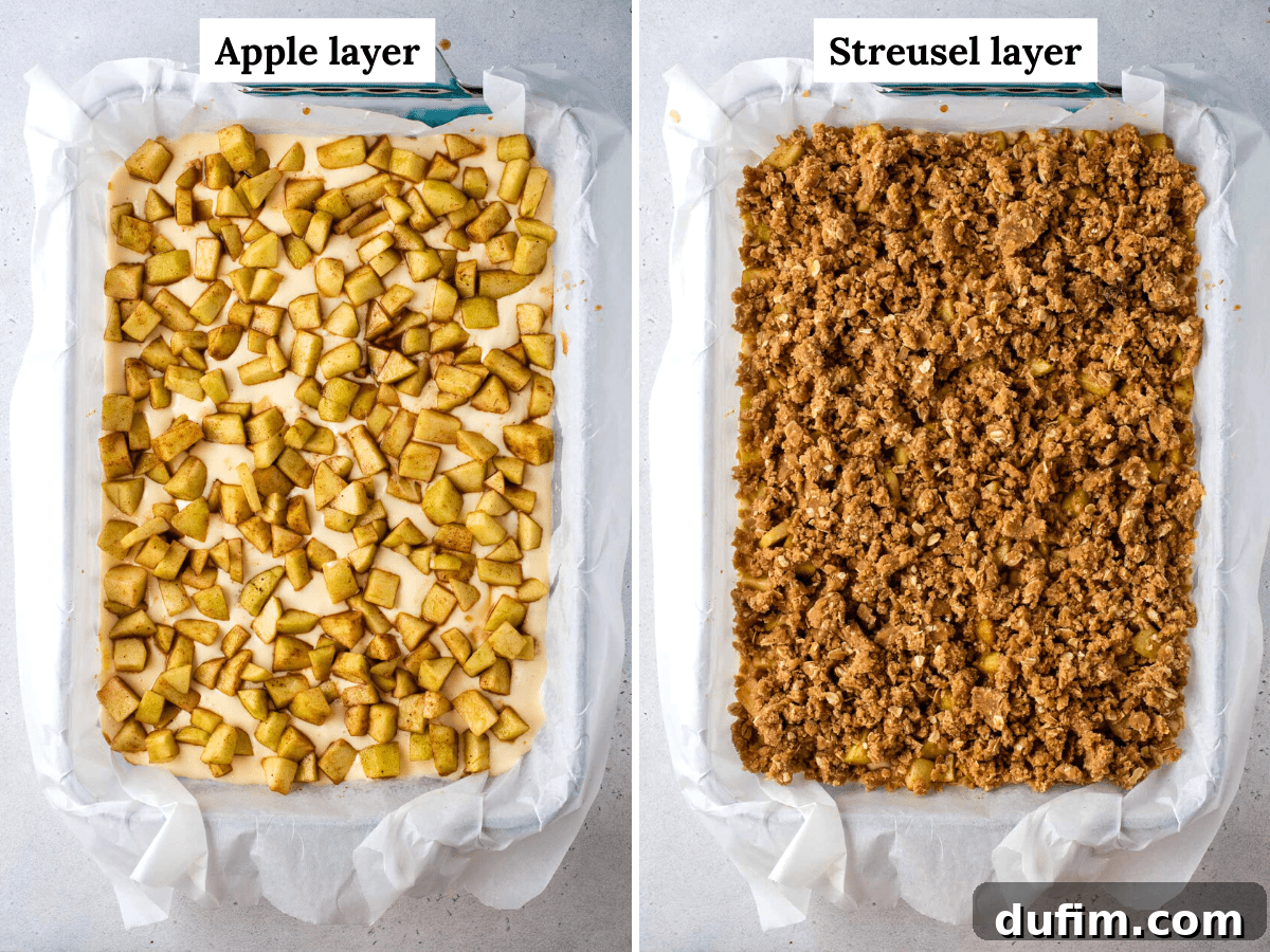 Side by side photos showing the spiced apple layer spread over cheesecake, and the streusel topping sprinkled on top of the apples.