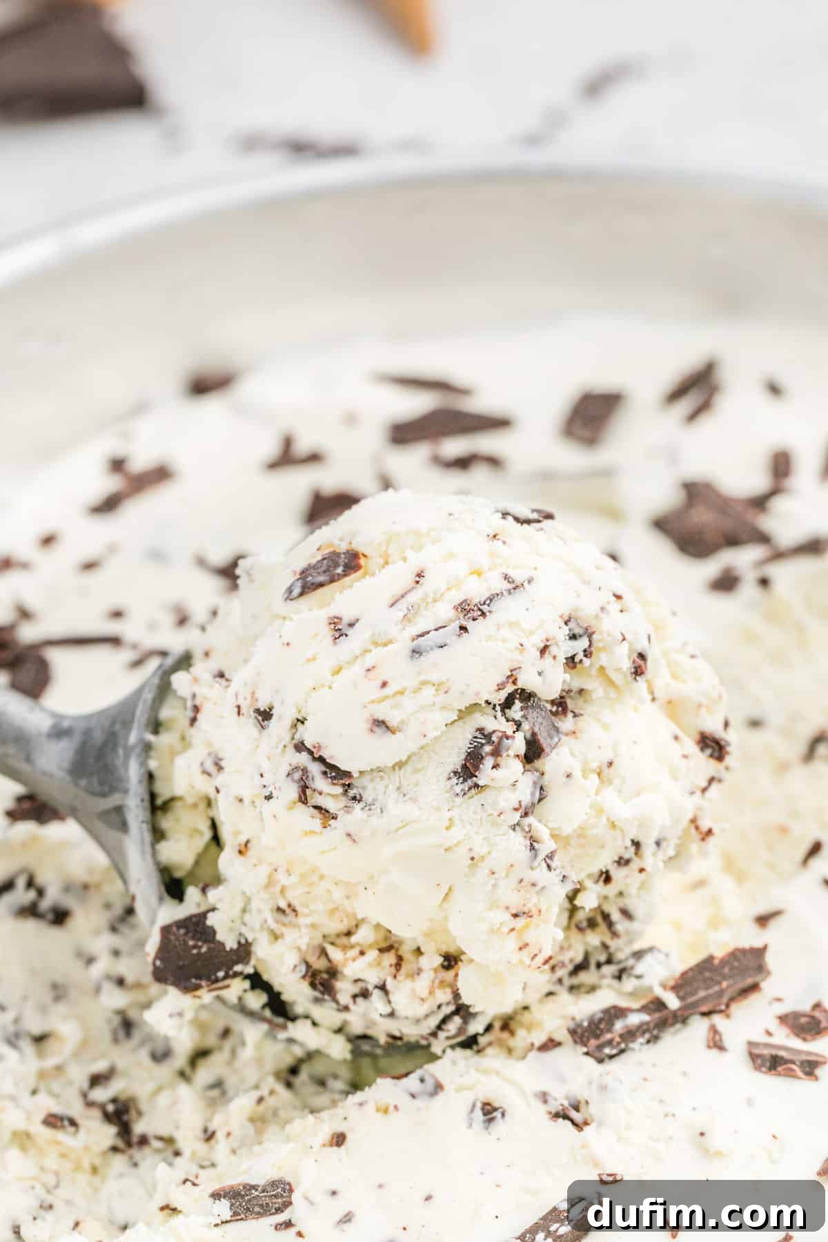 A perfectly scooped ball of chocolate chip ice cream rests in a metal scoop.