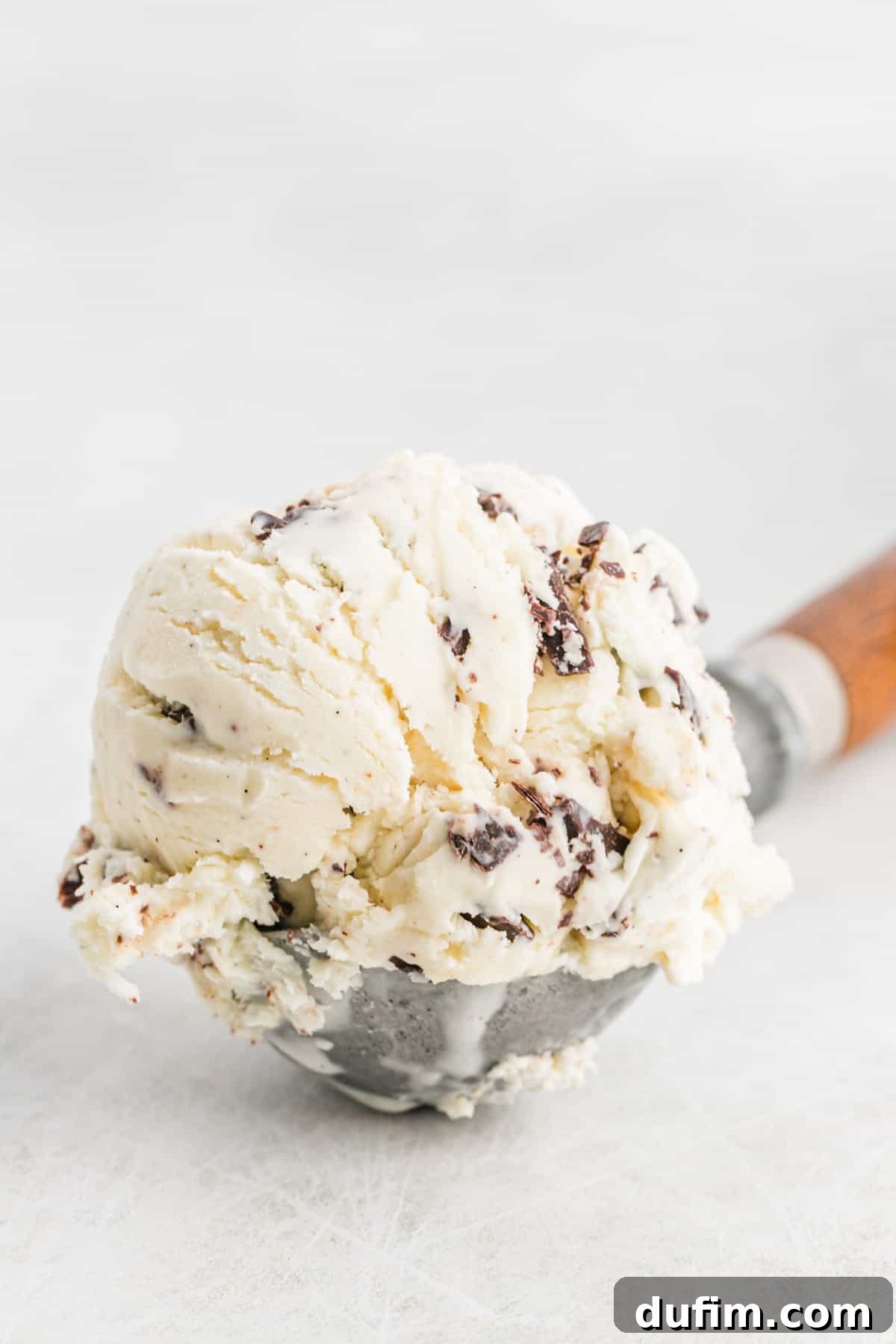 A metal ice cream scoop holds a generous serving of chocolate chip ice cream, showing off the chocolate chunks.