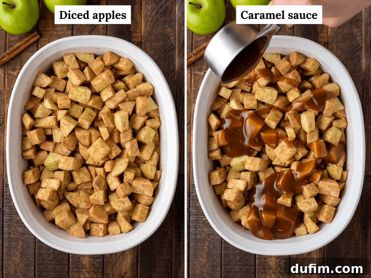 Two images illustrating the process of making caramel apple crisp filling: first, chopped apples in a bowl; second, apples tossed with caramel sauce and spices.