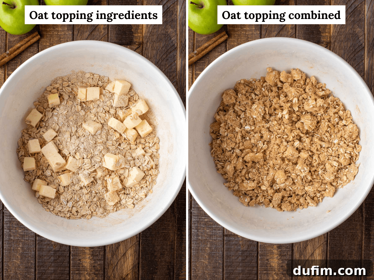Two images showing the process of making the crispy topping: first, dry ingredients in a bowl; second, cold butter being cut into the dry ingredients to form a crumble.