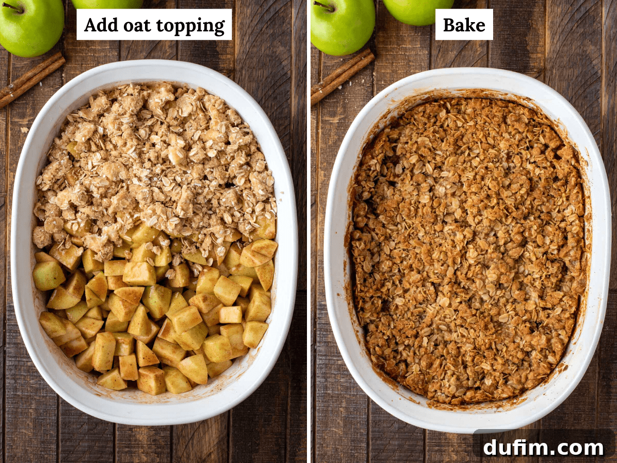 Two images side-by-side: one showing an assembled caramel apple crisp before baking with the topping sprinkled over the apples, and the other showing the same crisp golden-brown and bubbling after baking.