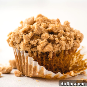 A close-up of a crumb-topped gluten free pumpkin muffin with a partially unwrapped paper liner, showing a golden-brown, moist texture and crumbled topping scattered around.