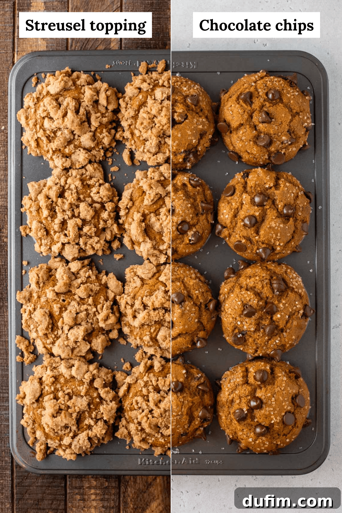 Autumn Spiced Gluten-Free Pumpkin Streusel Muffins 4 a split shot of gluten free pumpkin muffins in a metal muffin pan, half with streusel topping and half with chocolate chips