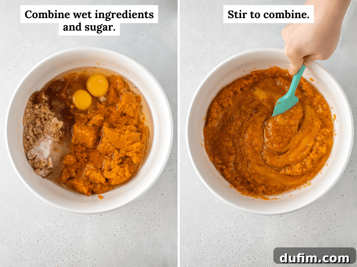 Combining the gluten-free pumpkin bread ingredients of pumpkin puree, eggs, sugars, and oil in a large bowl.