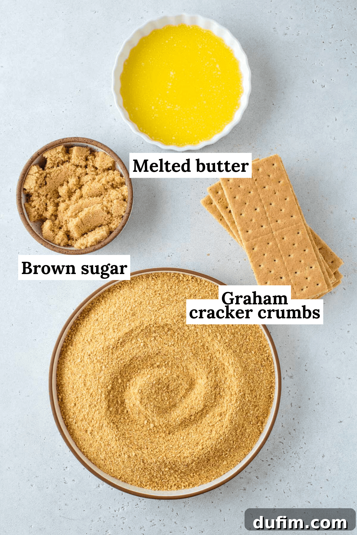 ingredients to make graham cracker crust with overlay text