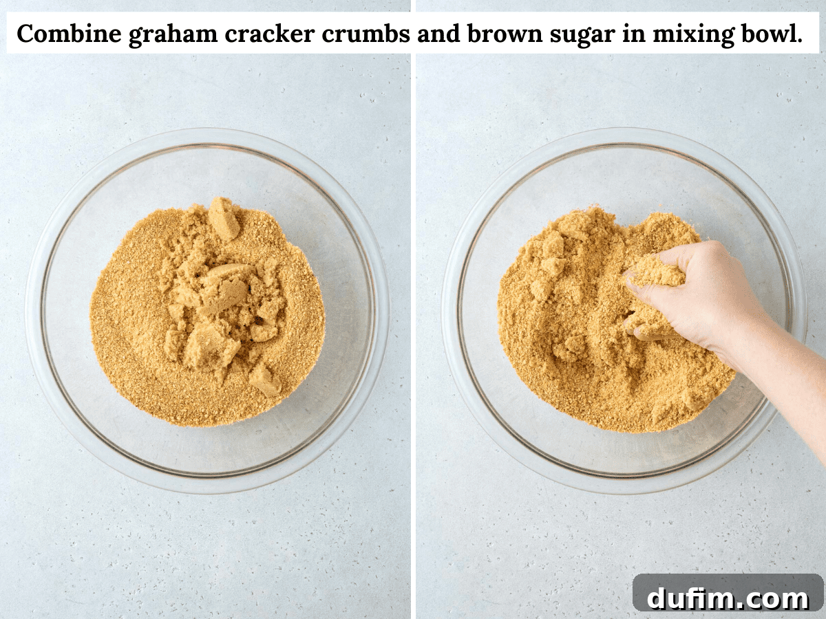 glass mixing bowl with graham cracker crumbs and brown sugar