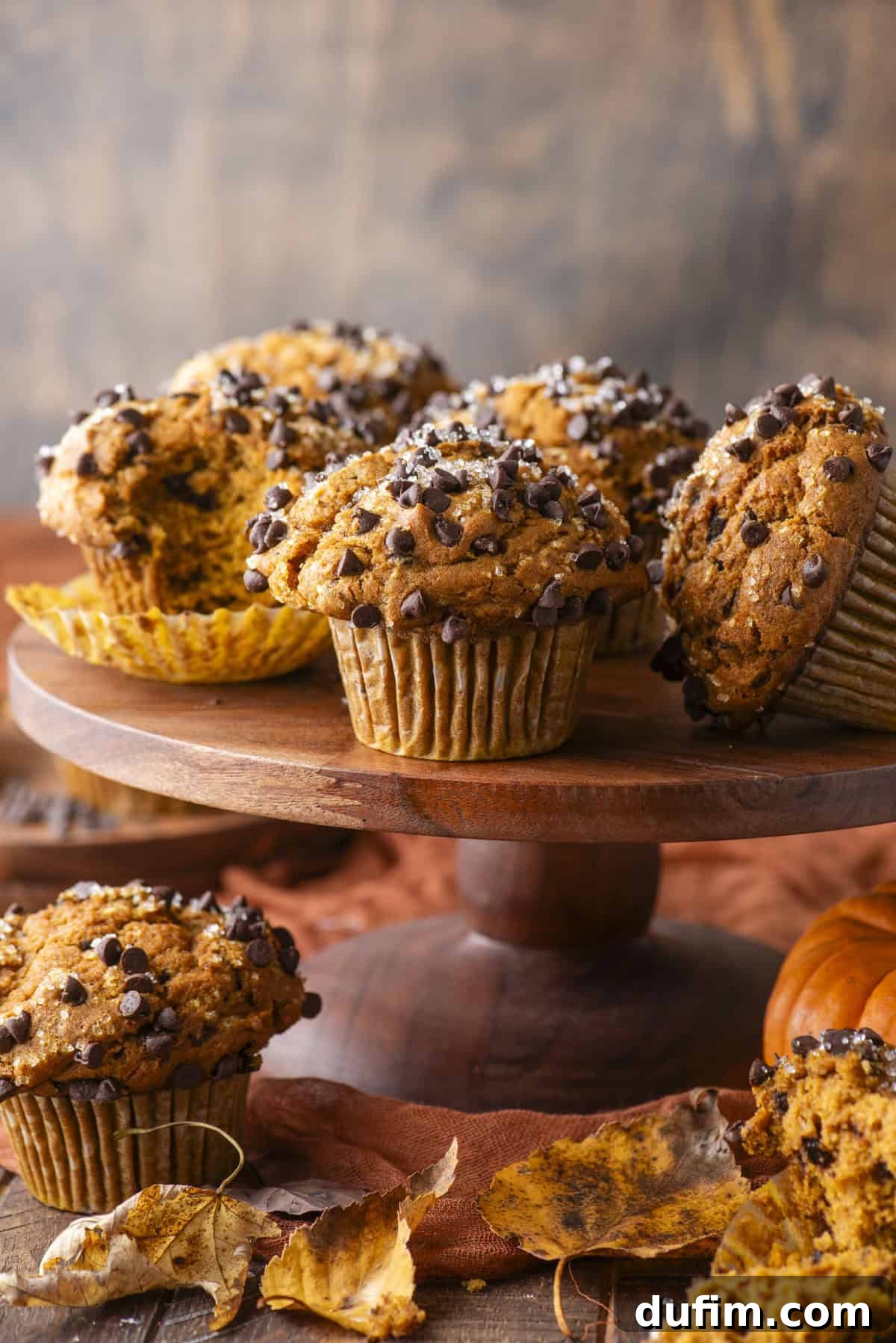 Pumpkin Chocolate Chip Muffins sit on a rustic wooden cake stand, beautifully topped with mini chocolate chips. Autumn leaves and a small pumpkin artfully surround the display, creating a cozy and inviting fall atmosphere.