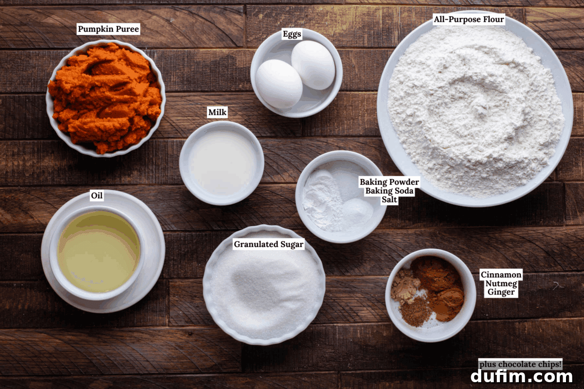 A top-down view of essential ingredients for Pumpkin Chocolate Chip Muffins neatly arranged on a rustic wooden table: vibrant pumpkin puree, fresh eggs, all-purpose flour, creamy milk, vegetable oil, granulated sugar, baking powder, baking soda, salt, cinnamon, nutmeg, ginger, and a generous scattering of optional chocolate chips.