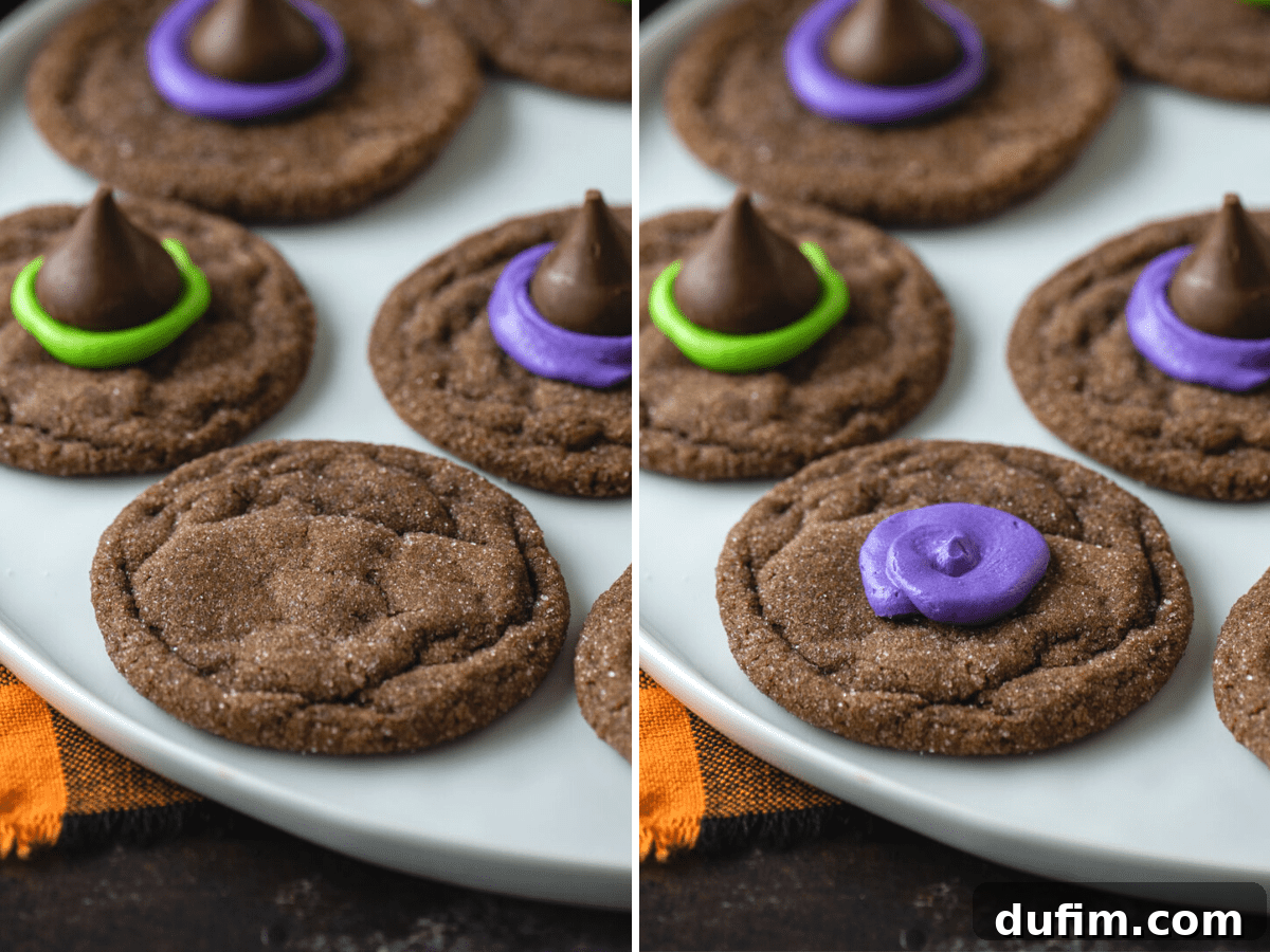 A two-panel image showing chocolate cookies: one panel with plain cooled cookies, the other with a cookie topped with purple frosting, ready for the Hershey's Kiss.