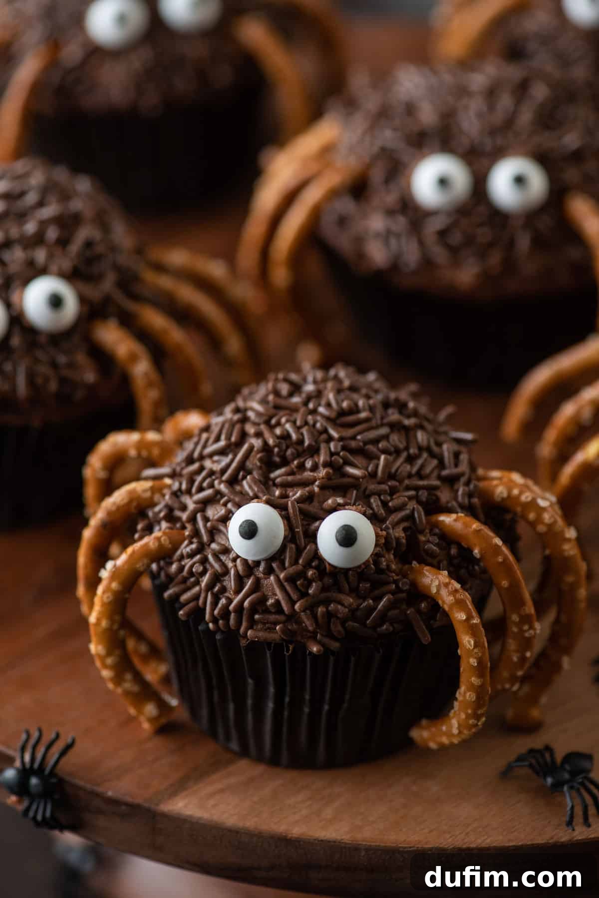 Easy Spider Cupcakes: Moist chocolate cupcakes with fluffy frosting, pretzel legs, and candy eyes. Overhead view of homemade chocolate spider cupcakes with pretzel legs and candy eyes, arranged on a dark background.