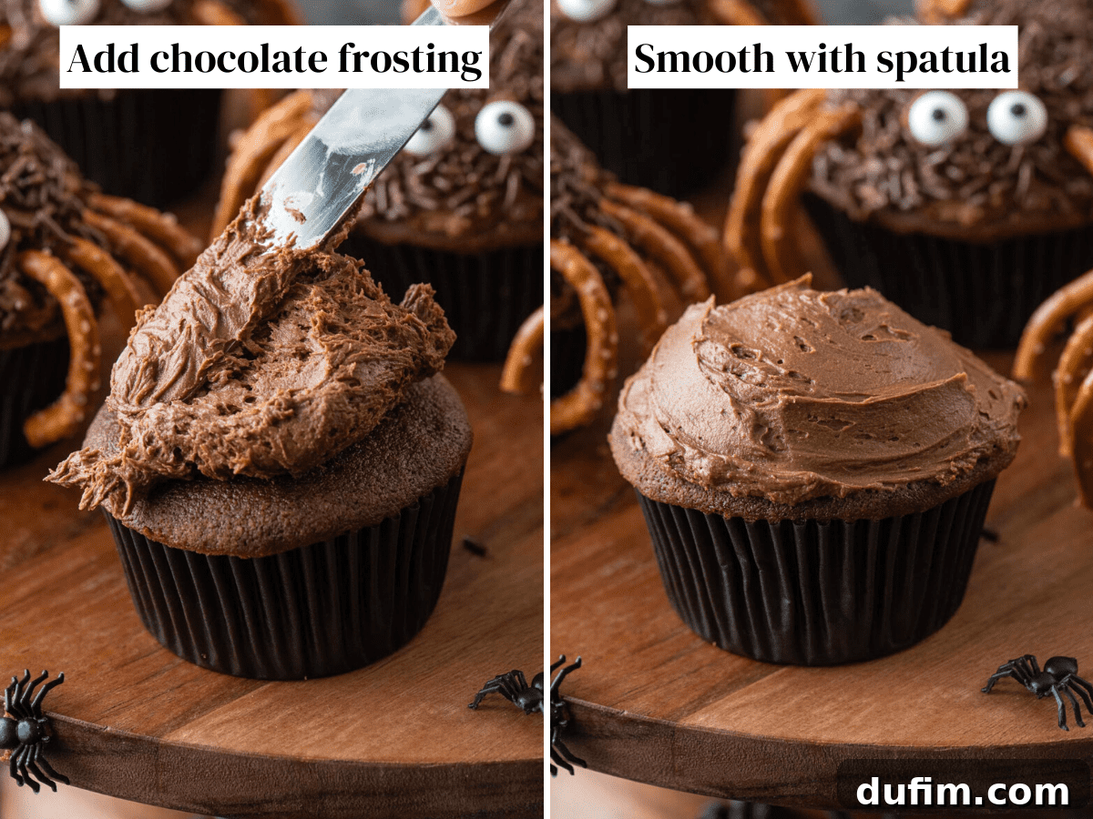 Applying the luscious chocolate buttercream frosting. Smooth chocolate frosting being spread evenly on a freshly baked chocolate cupcake using a spatula.