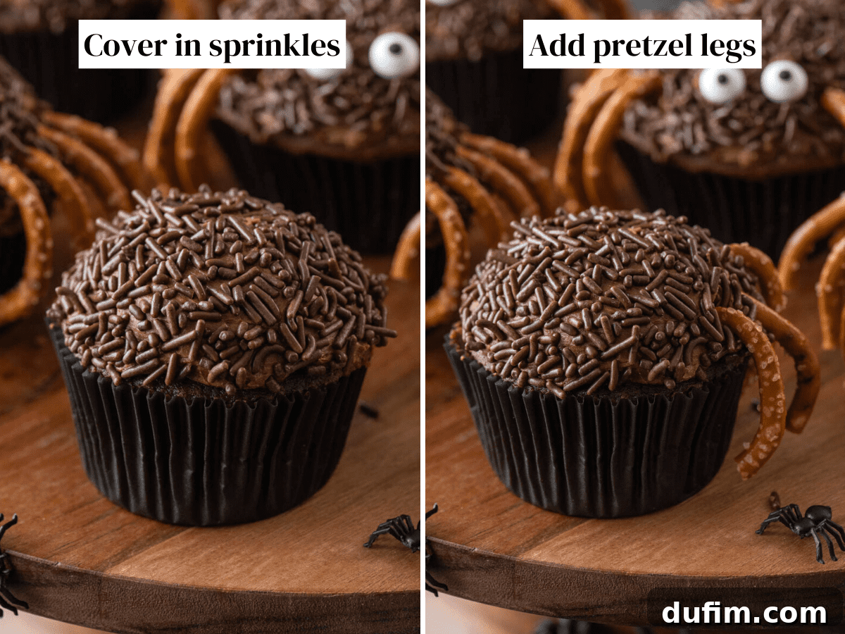 Adding brown sprinkles for a realistic spider texture. Chocolate frosted cupcakes generously coated with brown jimmie sprinkles, creating a textured spider body.