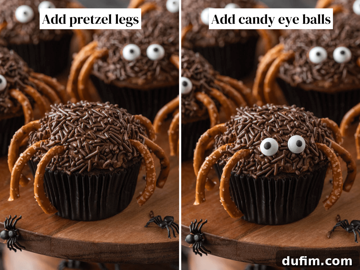 Adding the pretzel legs to complete the spider look. Partially assembled spider cupcakes with chocolate frosting, sprinkles, and pretzel legs, ready for candy eyes.