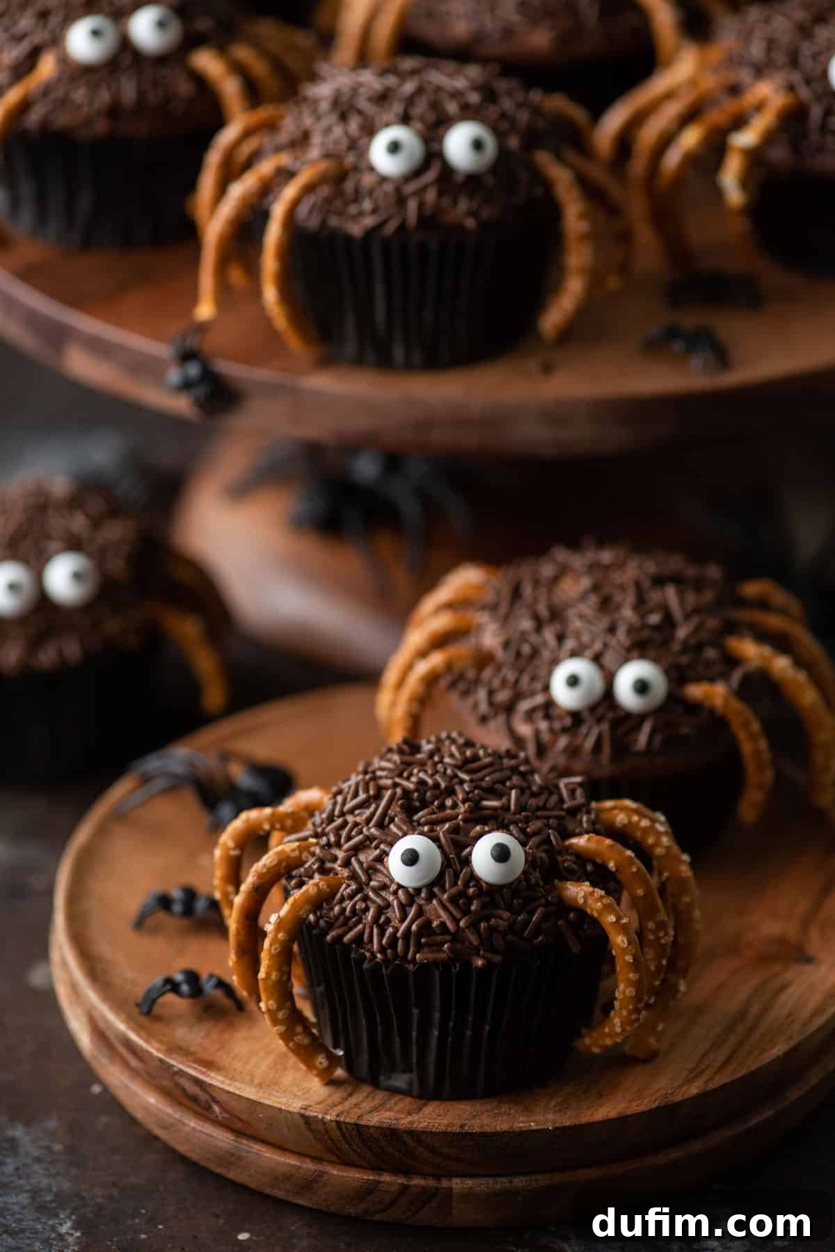 Finished Spider Cupcakes: Ready for your Halloween celebration. A finished plate of delightful spider cupcakes, each with chocolate frosting, pretzel legs, and candy eyeballs, presented beautifully.