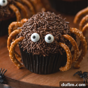 Close up of a decorated spider cupcake, showing the chocolate frosting, pretzel legs, and candy eyes clearly.