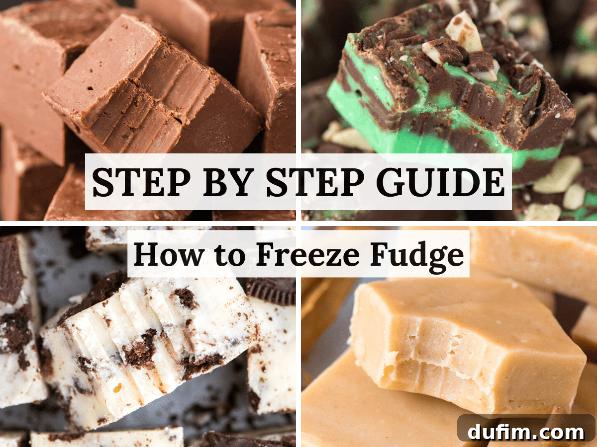 A vibrant collage showcasing four different types of fudge with text overlay 'How to Freeze Fudge!' – perfect for extended enjoyment.