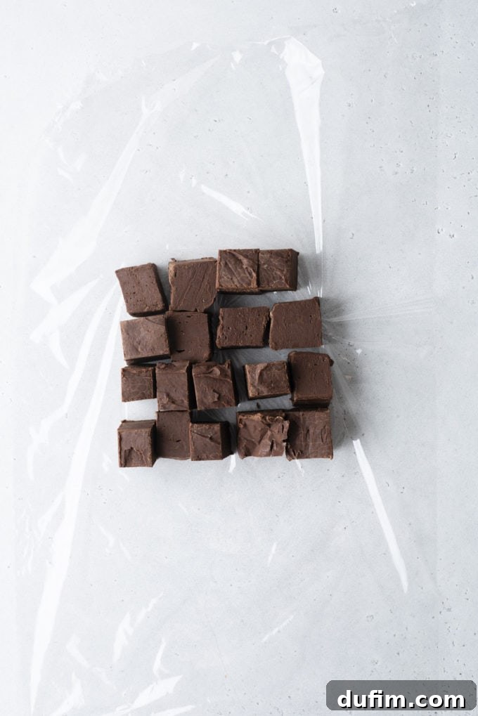A block of delicious chocolate fudge positioned on a sheet of clear plastic wrap, ready for its first protective layer.