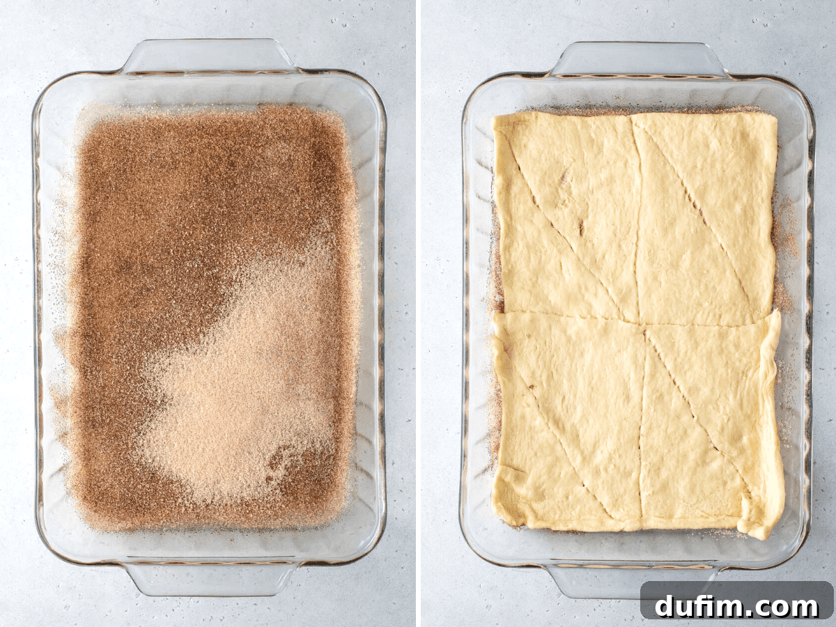 With a buttery, flaky crust, cinnamon sugar topping, and tangy cheesecake filling, this Churro Cheesecake is easy to make & ridiculously good. Two images: one of cinnamon sugar spread in a baking dish, and another of crescent dough placed in a baking dish