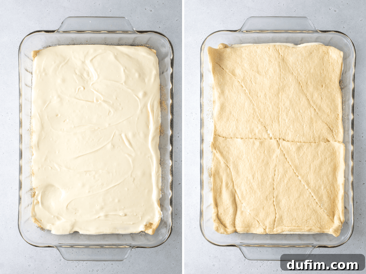 With a buttery, flaky crust, cinnamon sugar topping, and tangy cheesecake filling, this Churro Cheesecake is easy to make & ridiculously good. Two photos: one showing cheesecake filling being spread in a baking dish, and another showing crescent dough ready to be placed on top