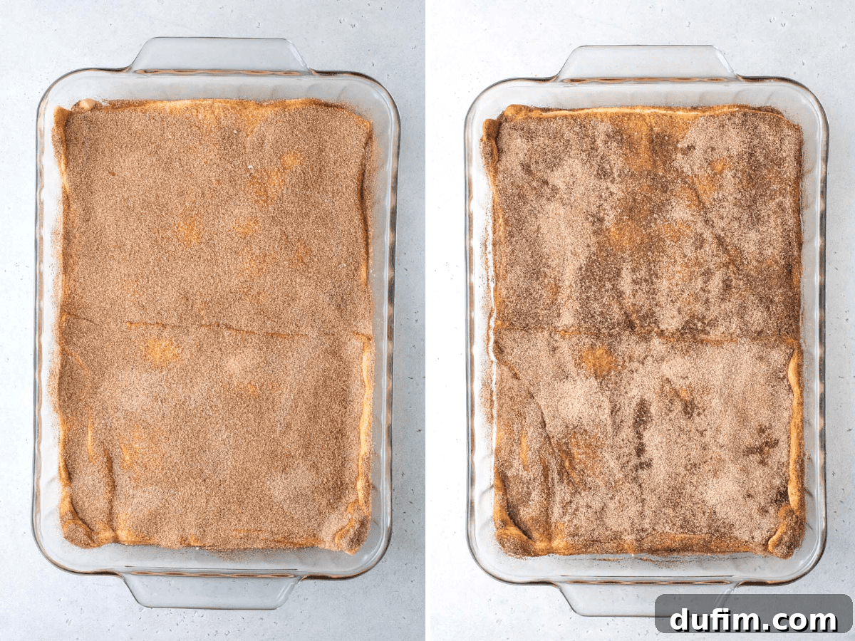 With a buttery, flaky crust, cinnamon sugar topping, and tangy cheesecake filling, this Churro Cheesecake is easy to make & ridiculously good. Cinnamon sugar sprinkled generously on top of crescent dough in a baking dish before baking