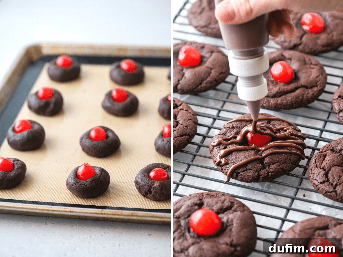 Freshly baked chocolate cherry cookies on a cooling rack, with melted chocolate being drizzled over them from a squeeze bottle.