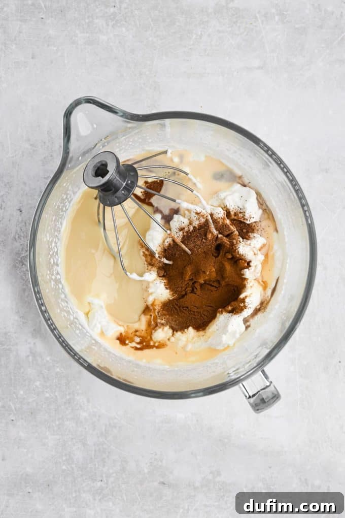 Creamy Homemade Eggnog Ice Cream 3 All the ingredients for eggnog ice cream, including heavy cream, eggnog, spices, vanilla, and sweetened condensed milk, combined in a mixing bowl.