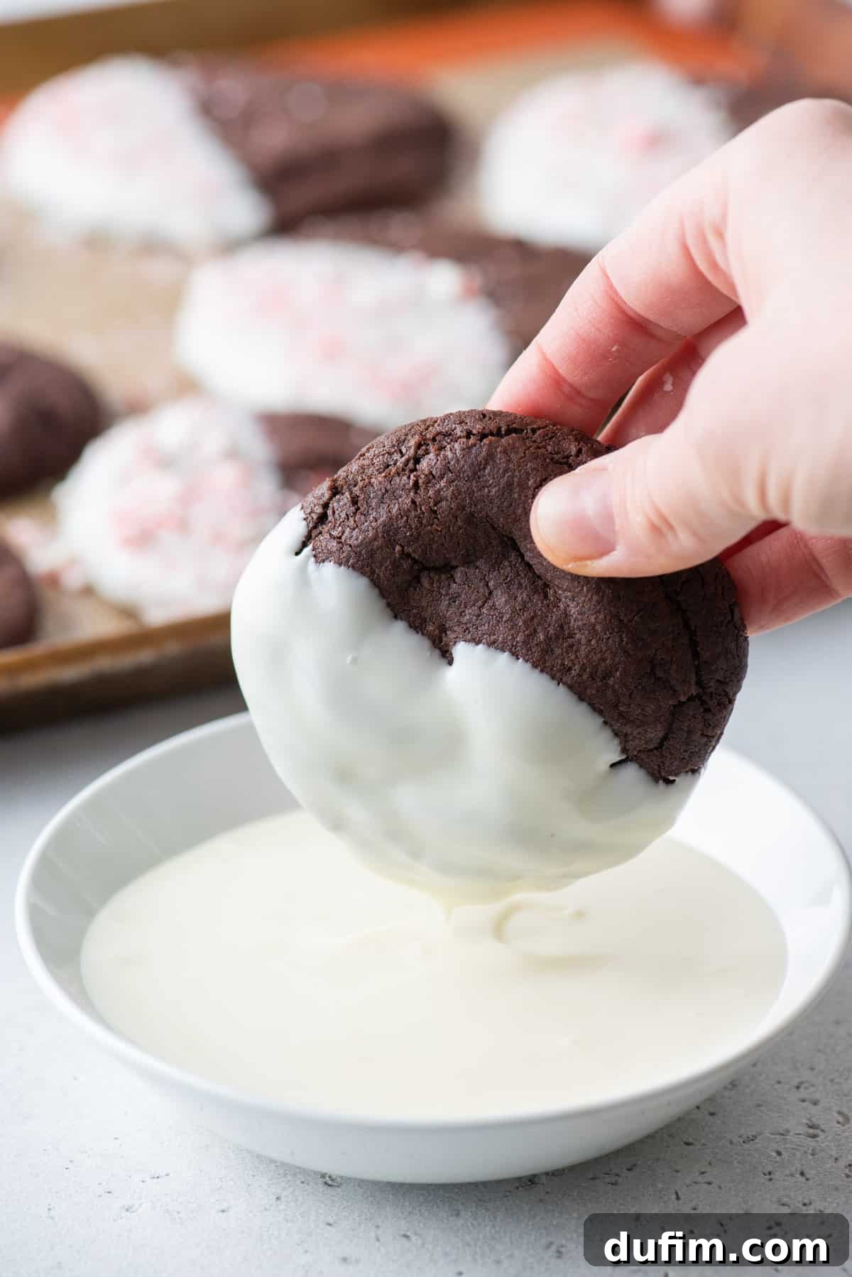 These Chocolate Candy Cane Cookies feature soft, chewy chocolate cookies dipped in white chocolate and sprinkled with crushed candy canes. A hand carefully dipping a baked chocolate cookie into a bowl of perfectly melted white chocolate.
