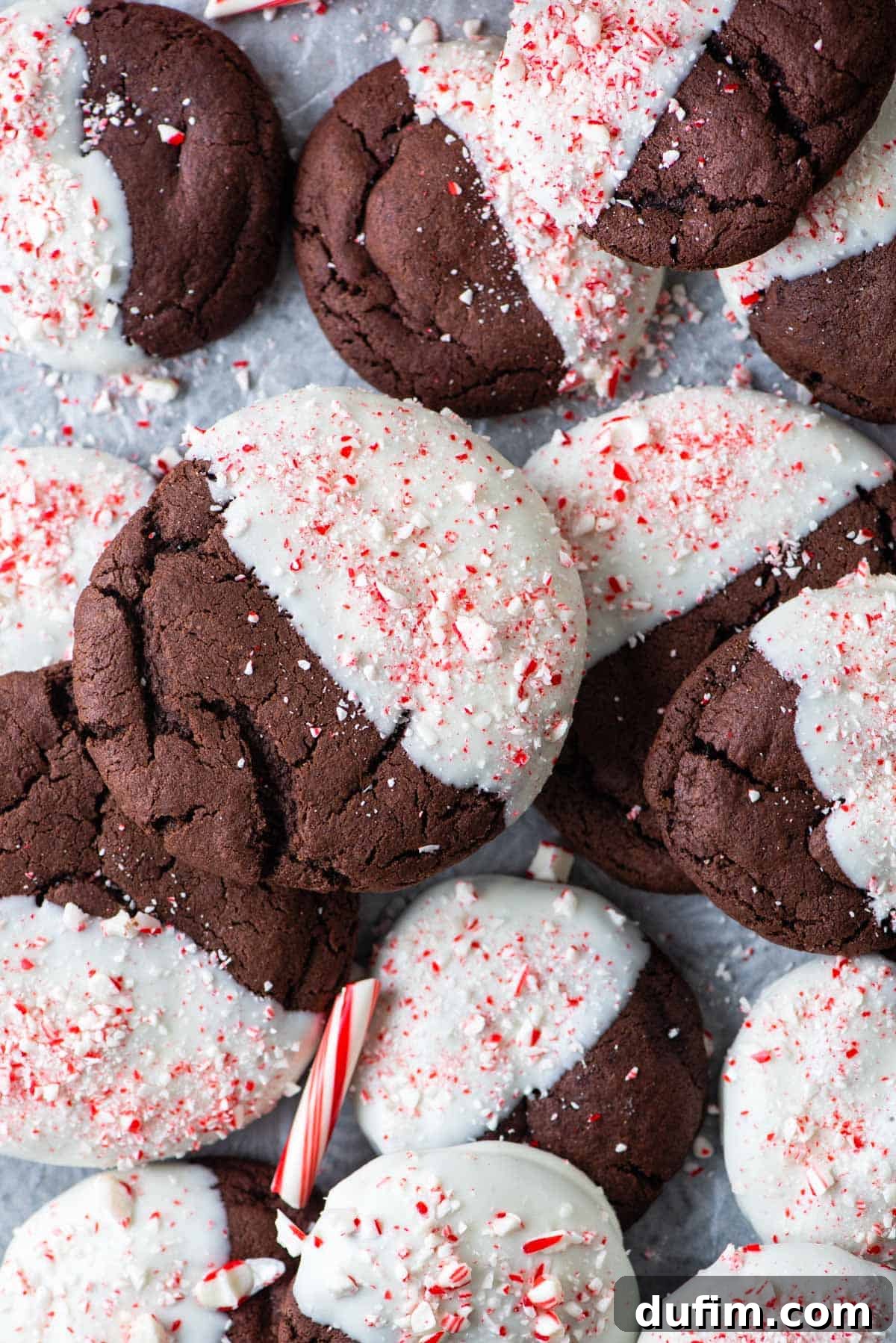 These Chocolate Candy Cane Cookies feature soft, chewy chocolate cookies dipped in white chocolate and sprinkled with crushed candy canes. Overhead view of a baking sheet filled with freshly made chocolate candy cane cookies, showcasing their uniform dipping and vibrant topping.
