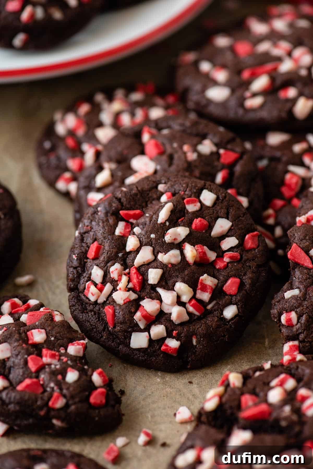 Easy Chocolate Peppermint Cookies - A close-up view of soft, chewy chocolate cookies with peppermint crunch. Close-up of freshly baked chocolate peppermint cookies, showcasing their soft texture and visible peppermint crunch pieces.