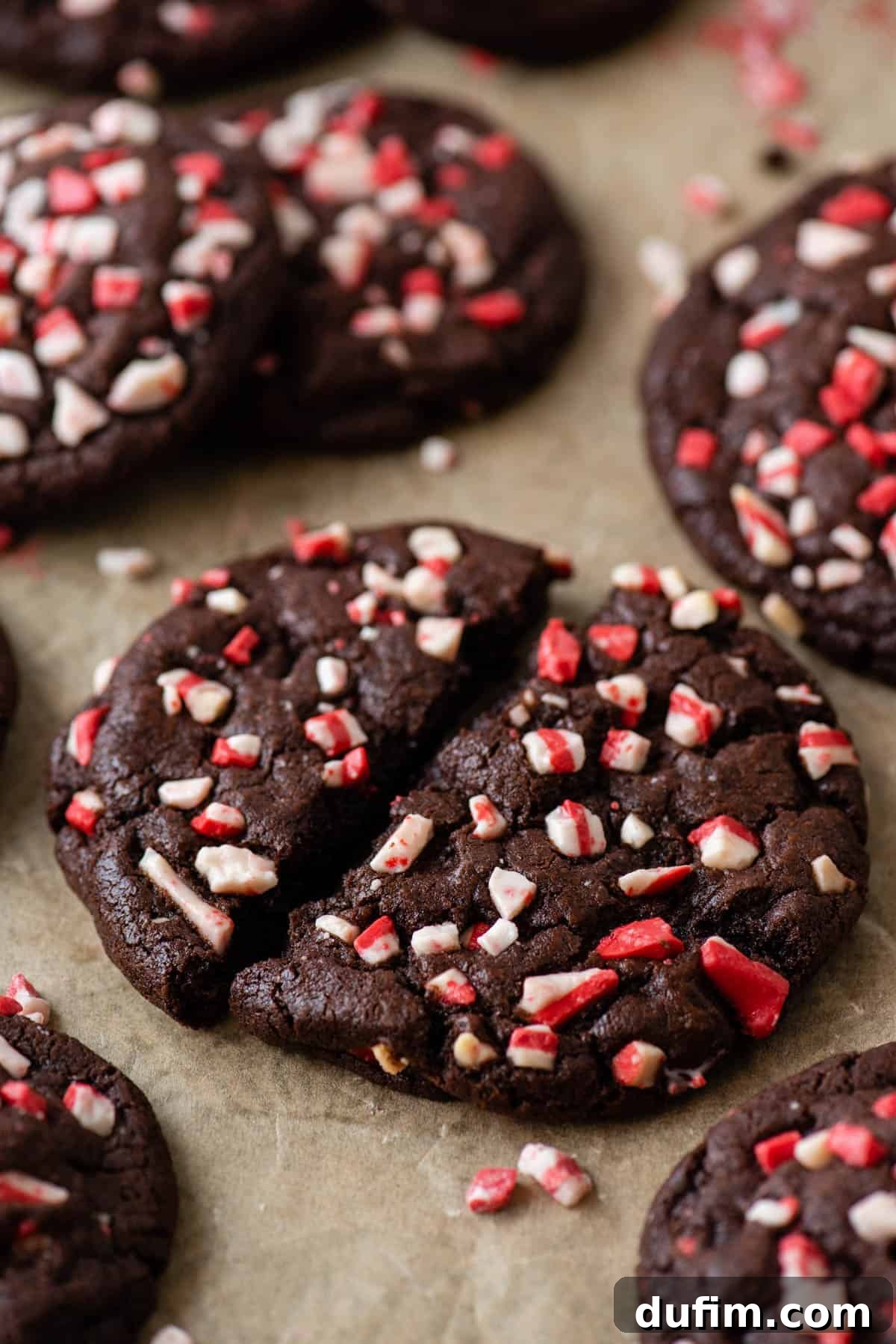 Inside a Chocolate Peppermint Cookie: Soft and Chewy with Crunch. A chocolate peppermint cookie broken in half, revealing its soft interior and the scattered peppermint crunch pieces.