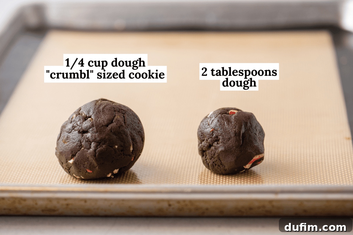 Cookie Dough Portions: Standard vs. Crumbl Sized. Two cookie dough balls, one standard 2-tablespoon size and one larger 1/4 cup size, for comparison.