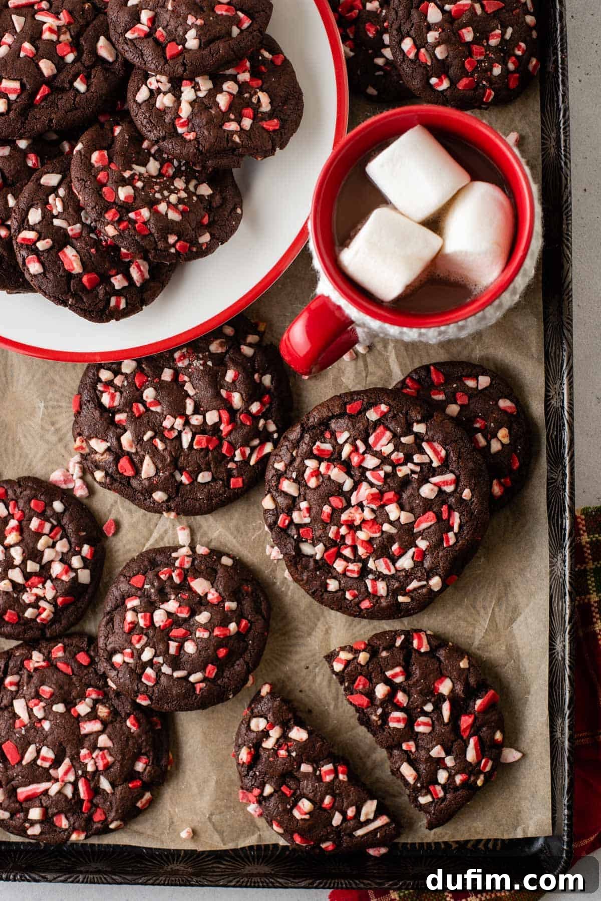 A Delicious Display of Chocolate Peppermint Cookies on a Baking Sheet. Overhead view of several chocolate peppermint cookies neatly arranged on a baking sheet, showcasing their festive look.