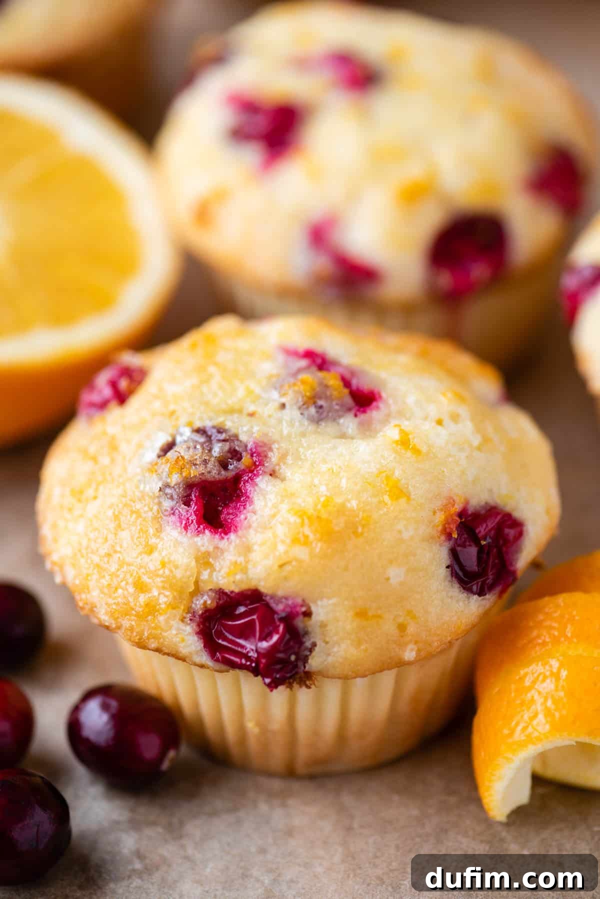 Close up of a perfectly golden, domed cranberry orange muffin, showcasing its moist texture and vibrant fruit.
