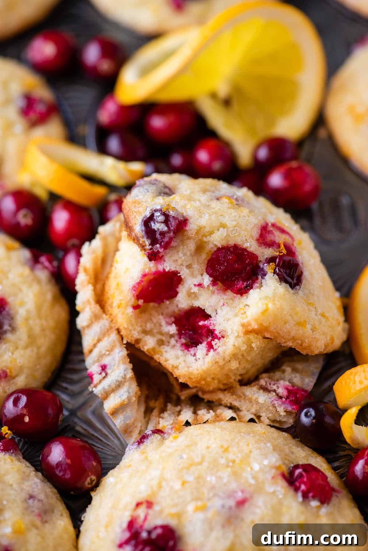 Close up of a freshly baked cranberry orange muffin with a bite taken out, revealing its moist interior and juicy cranberries.
