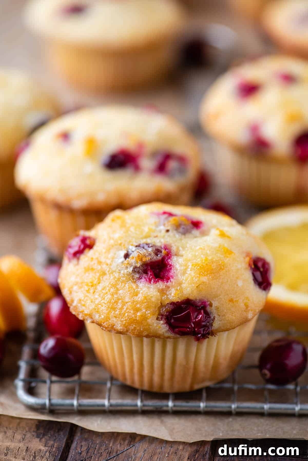 Overhead view of a batch of freshly baked, golden-domed cranberry orange muffins on a rustic wooden surface.