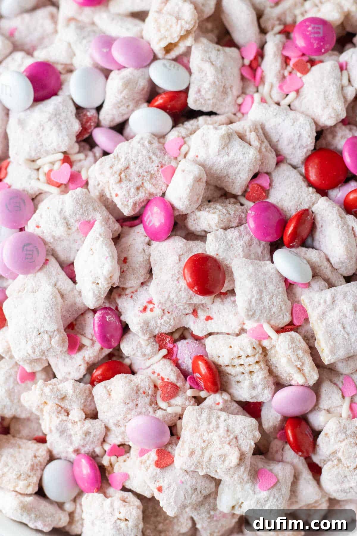 Close up of Valentine's Day Puppy Chow treat