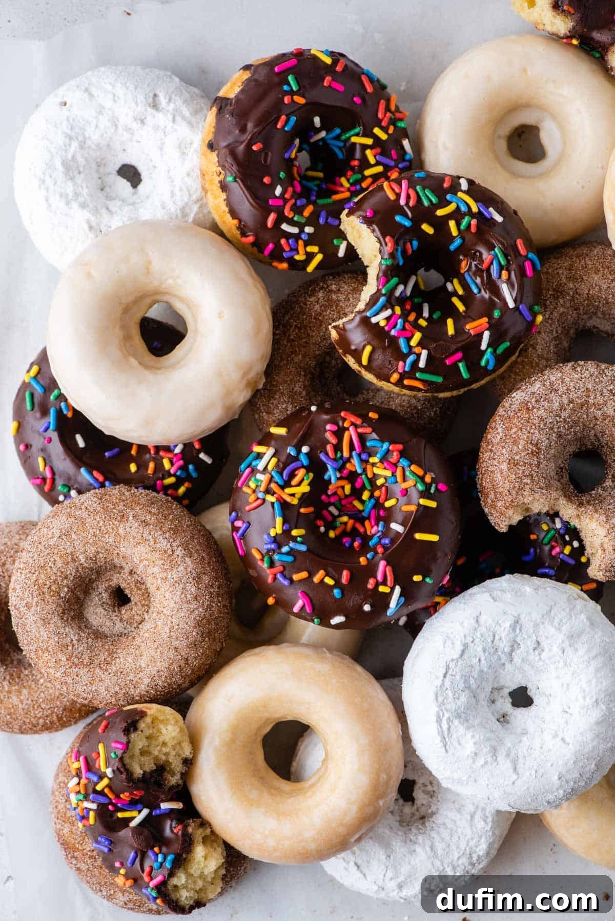 Overhead view of 4 types of gluten free donuts with various toppings