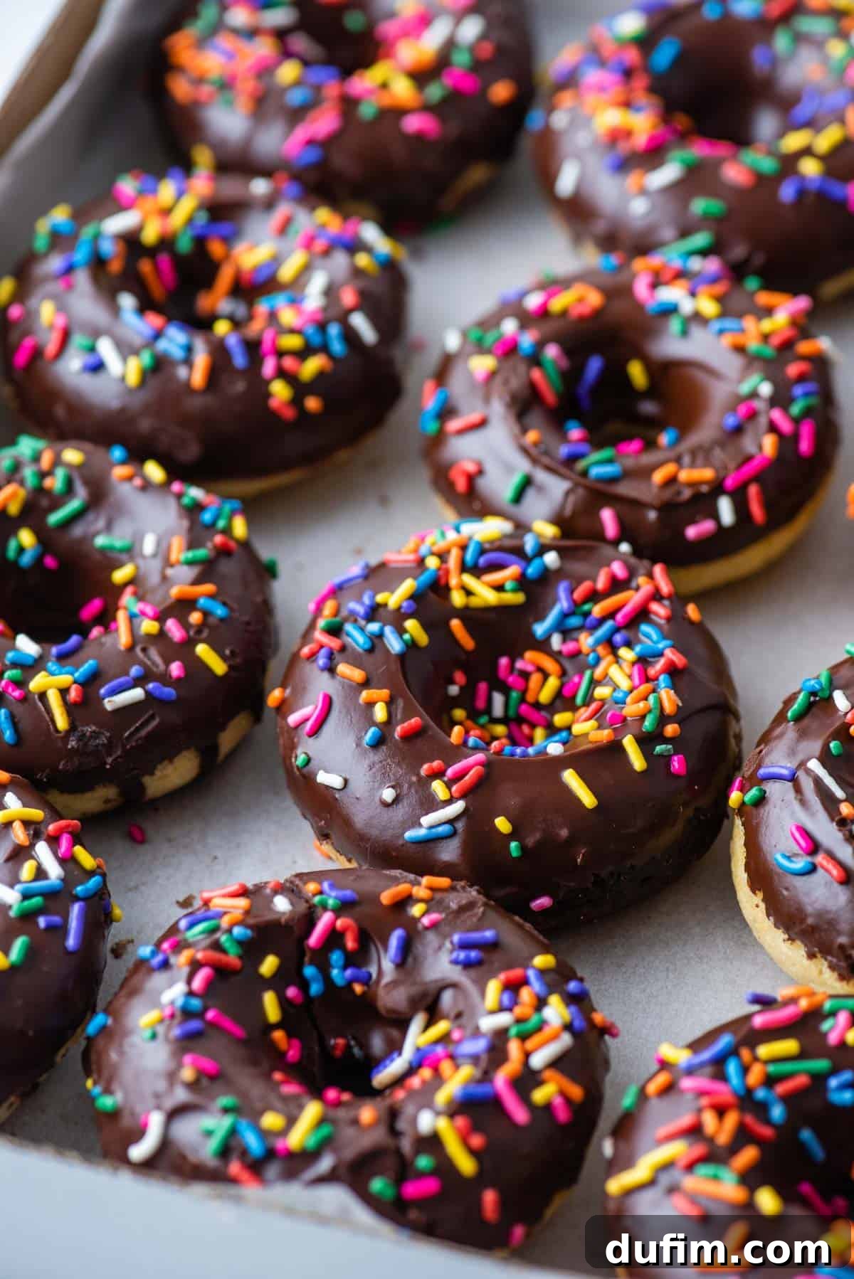Gluten free chocolate glazed donuts on a baking sheet, topped with colorful sprinkles